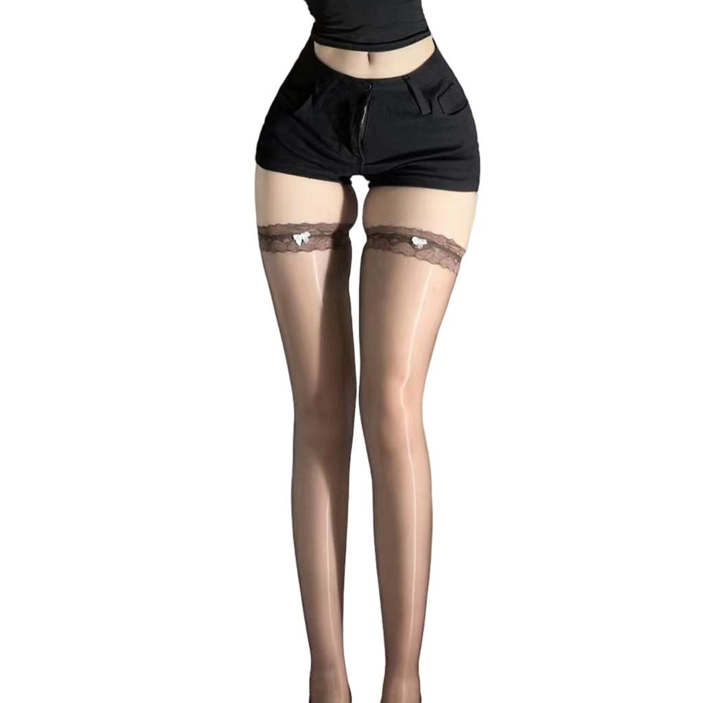 Ladies Oil Glossy Lace Top Over Knee Stockings with Bowknot Sheer Shimmery Thigh High Long Socks for Performers Hosiery