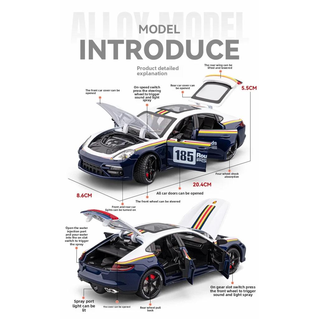 Spray 1/24 Porsche Panamera Supercar Model with Sound Light Collection Miniature Voiture Diecast Toy Vehicle Children Boy Gift Hobby