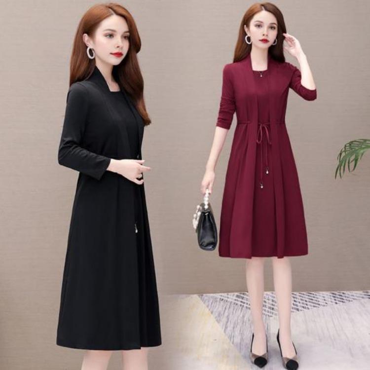 Elegant Plus Size Lady Dress Formal Office Commuting Midi Dress Long Sleeve A-line Lace-up Strap Fake Two-piece Style