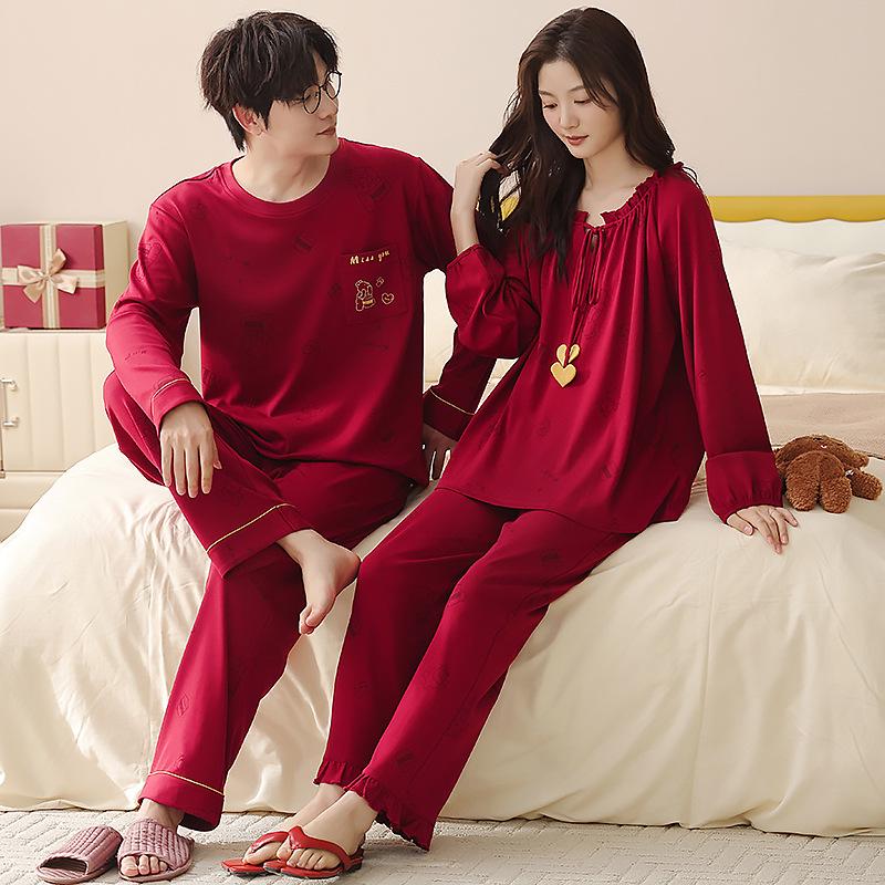 Newlywed Couple Red Cotton Pajama Set: Long Sleeve, Festive, Plus Size, Men's and Women's Home Wear for Spring and Autumn