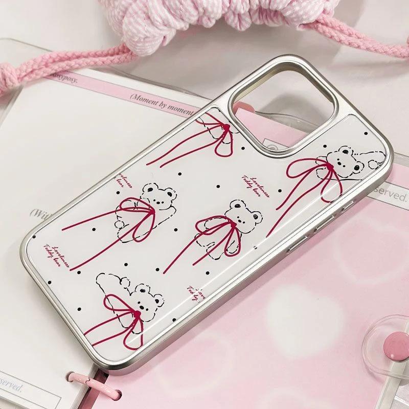 Japan and South Korea Ins Long Bow Bear Is Suitable for Apple 16/17 Mobile Phone Case iPhone14 Water Condensation 13 Electroplating 15 Sets