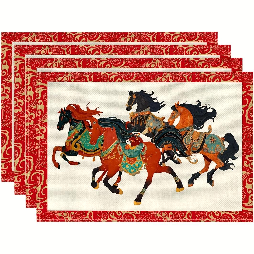 

4pcs Zodiac Horse Placemats Red & Gold Chinese New Year Design, 2026 Year of the Horse, Festive Table Decor for Home & Parties 30x45cm-4PC