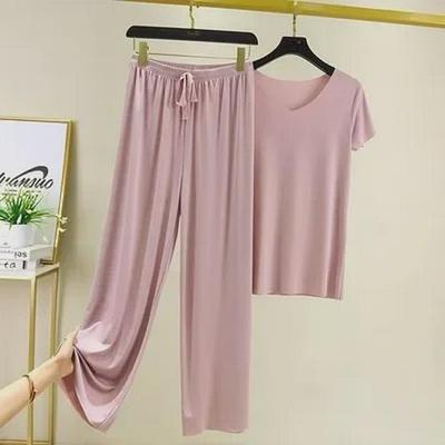 Ice Silk V-Neck Pajama Set: Short-Sleeve Top & Trousers, Women's Summer Casual Wear, Solid Color, Two-Piece