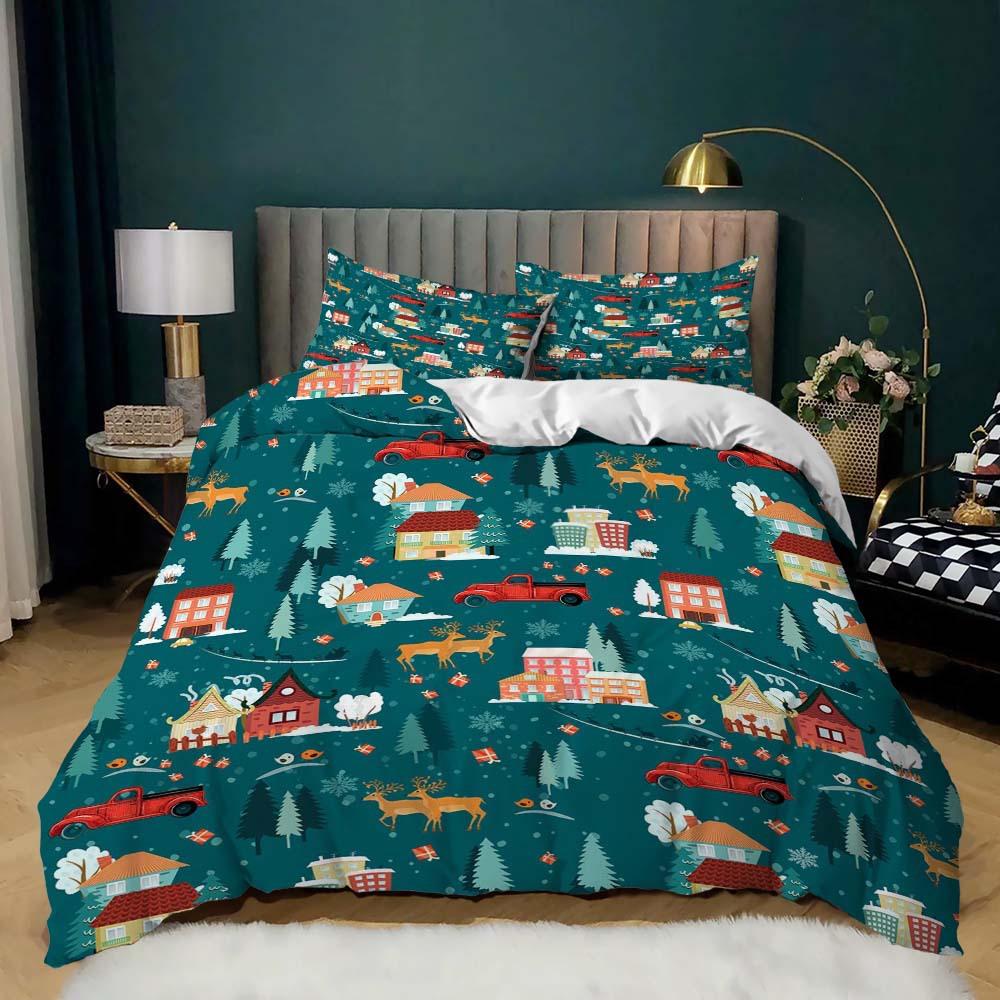 Three-Piece Quilt Cover Christmas Elk Holiday Decoration Bedding Digital Printing Kit