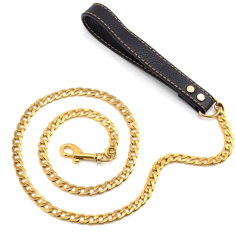 120cm Heavy Duty Anti-bite Dog Giant Chain Leash With Leather Handle Chain Dog Leash Durable Metal Chew Proof Dog Training Leash 120cm x 11.5mm