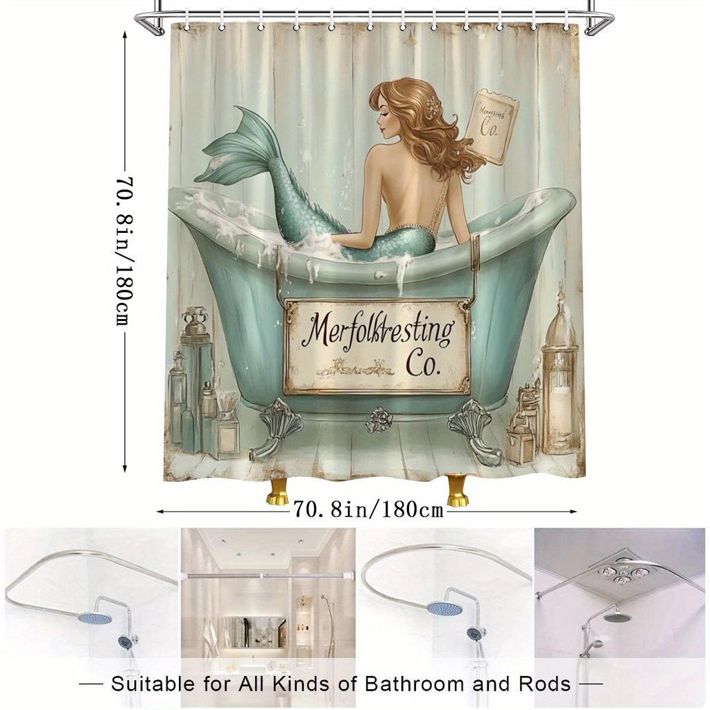 Mermaid Shower Curtain - Watercolor Merfolk & Vintage Tub Design, Colorful Fantasy Scene, Water-Resistant Polyester