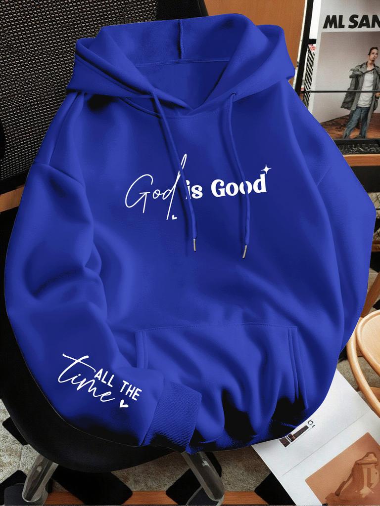 Men Casual Sport Hoodie Hip Hop "God Is Good All The Time" White Print Streetwear Sweatshirt with Deep Front Pocket