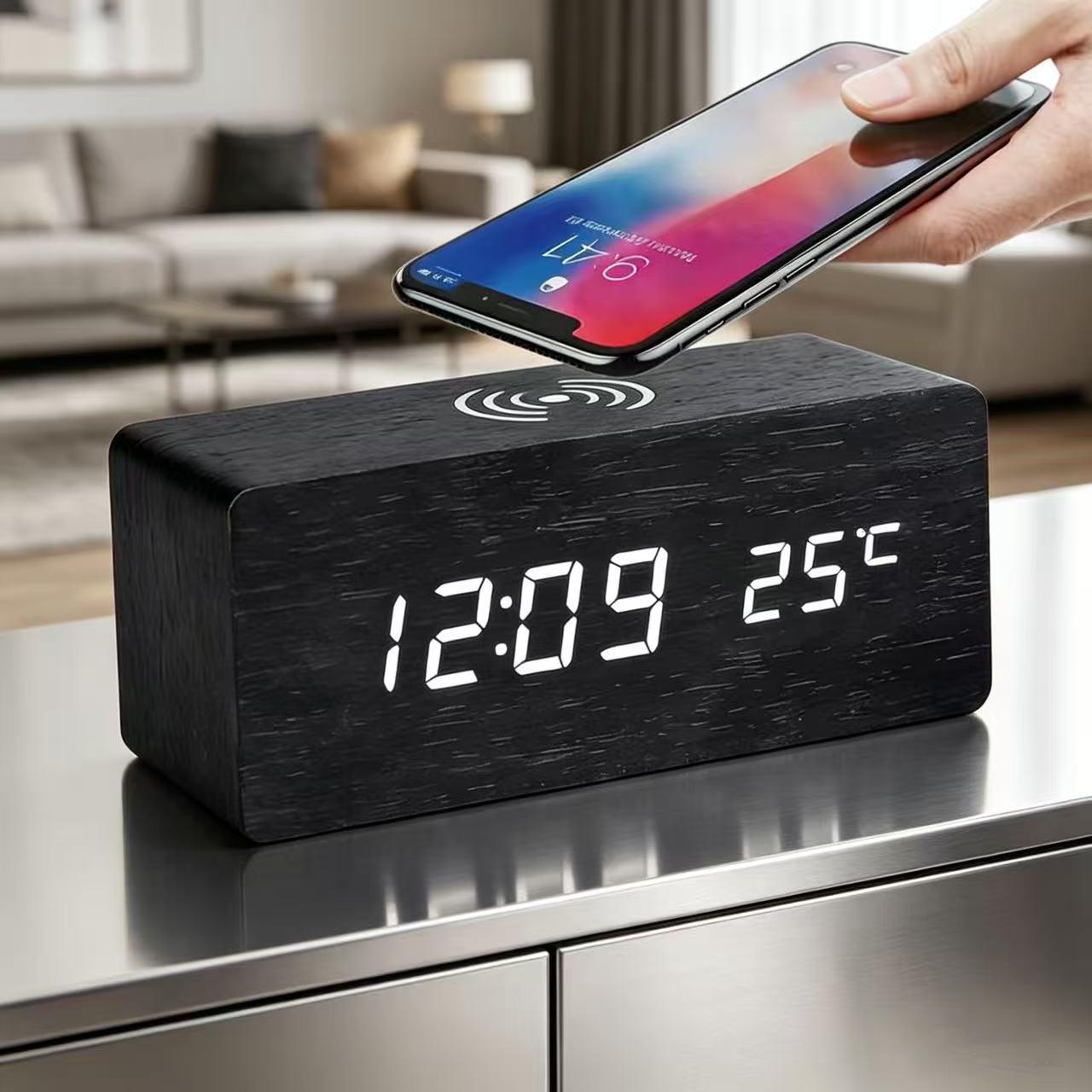 

Creative 15W Wireless Charging LED Alarm Clock with Temperature & Humidity Display, Silent Rechargeable Bedside Clock