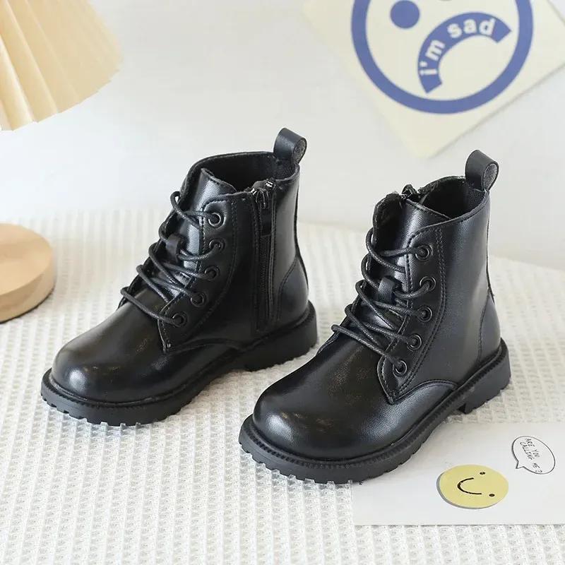 Kids Boys Boots Fashion Color PU Leather Shoes Autumn Winter For Children Boots Black Brown