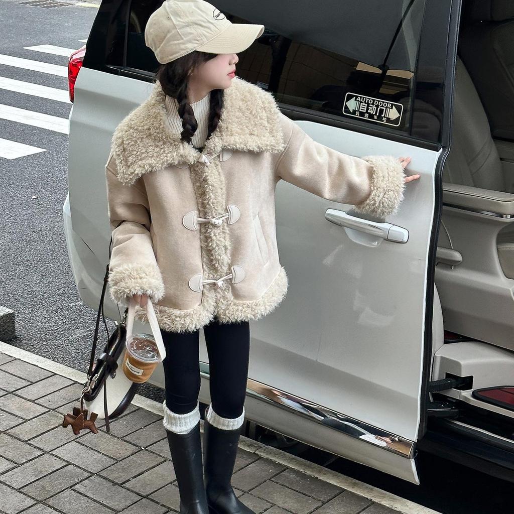 2025 Girls' Autumn/Winter Fleece-Lined Leather & Fur Coat - Stylish One-Piece for Kids