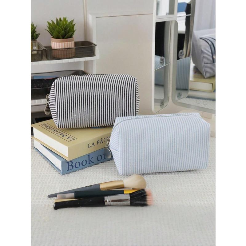 Striped Bubble Chiffon Zipper Clutch, Travel Toiletry Bag, Striped Cosmetic Bag