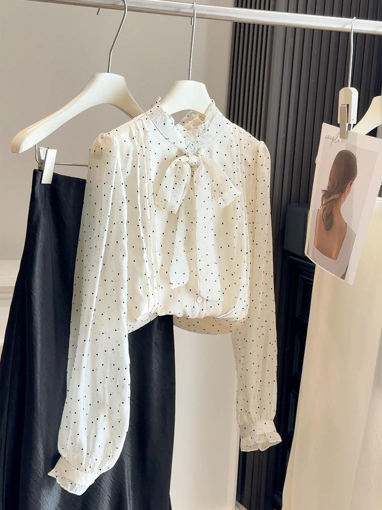 Women's Trendy Polka Dot Bow Lace-Up Shirt, Spring/Summer 2026 - Slim Fit, Long Sleeve