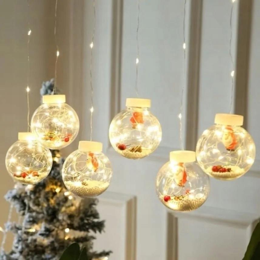 Christmas Curtain Garland For Window Balls Baubles Santa Claus Christmas + Remote Control