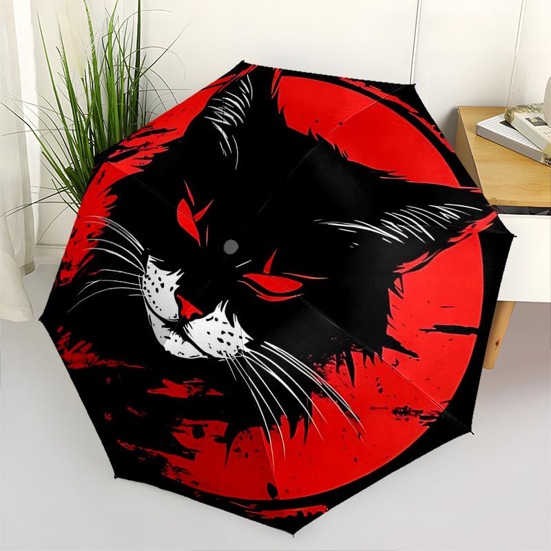 1pc Black Cat Red Moon Auto Open Close Umbrella, Portable 3-Fold Design, 8-Bone Iron Frame Outdoor Umbrella, Perfect Gift for Fans, Travelers, Daily U