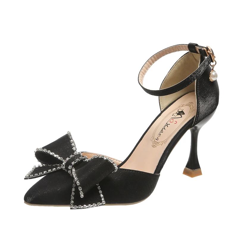 Fashion 2024 Spring Summer Autumn New Pointed High Heels Thin Heels Shallow Mouth One Line Buckle Hollow Satin Bow Tie Women's Shoes