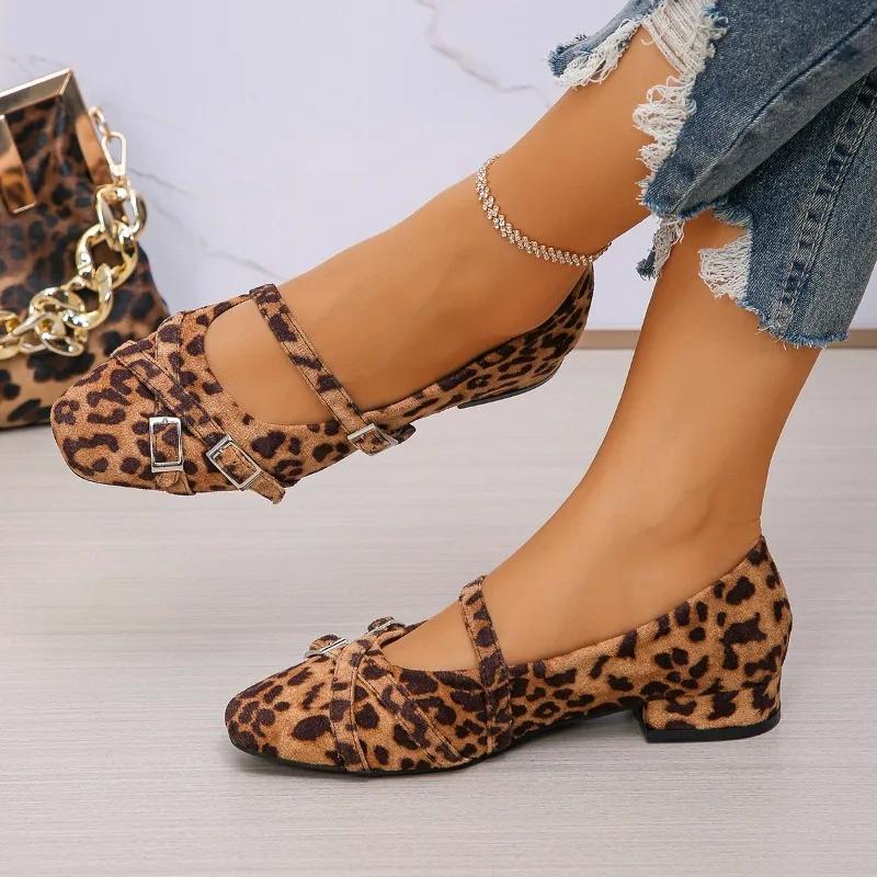 Fashion Autumn Temperament Square Toe Shallow Single Shoes Women's New Leopard Print Metal Buckle Low Heel Mary Flats