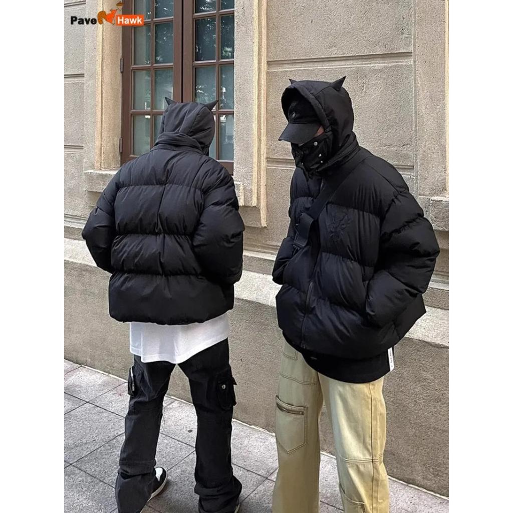 Cotton-Padded Hip Hop Parkas Men Devil Horns Winter Hooded Down Jacket Retro Y2K Thicken Puffer High Street Loose Bubbles Coats