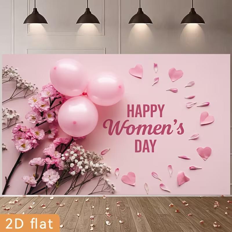 2D Happy Women's Day Pink Banner - Floral & Heart Backdrop for Women's Day Photoshoot