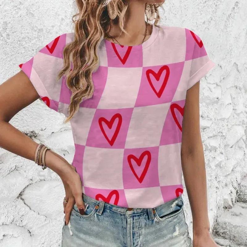 Hochwertiges, modisches T-Shirt mit Rundhalsausschnitt und kurzen Ärmeln, für den Sommer, neues, lockeres T-Shirt mit Herz-Print, elegantes, lässiges, bequemes Damen-T-Shirt