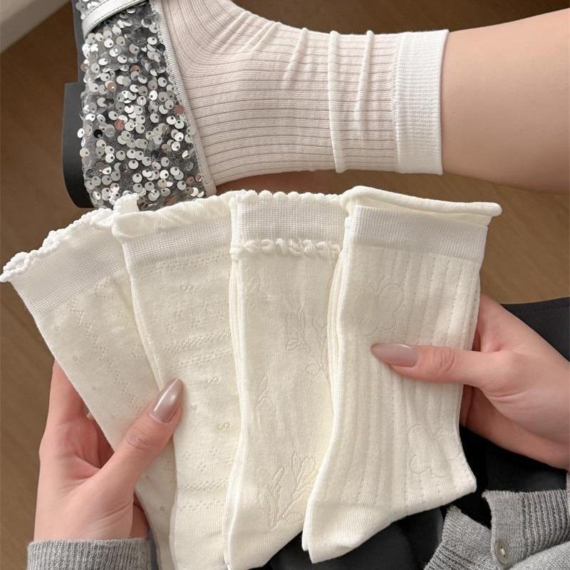 2 Pairs Mesh Breathable White Pile Socks with Lace Trim and Openwork Design, Lightweight and Sweet Mid-calf Length Socks