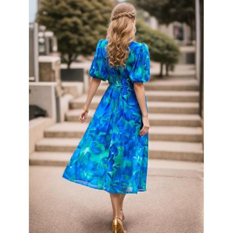 Summer Casual Boho Floral Print Midi Dress Women V Neck Short Sleeve Holiday Long Dress Fashion