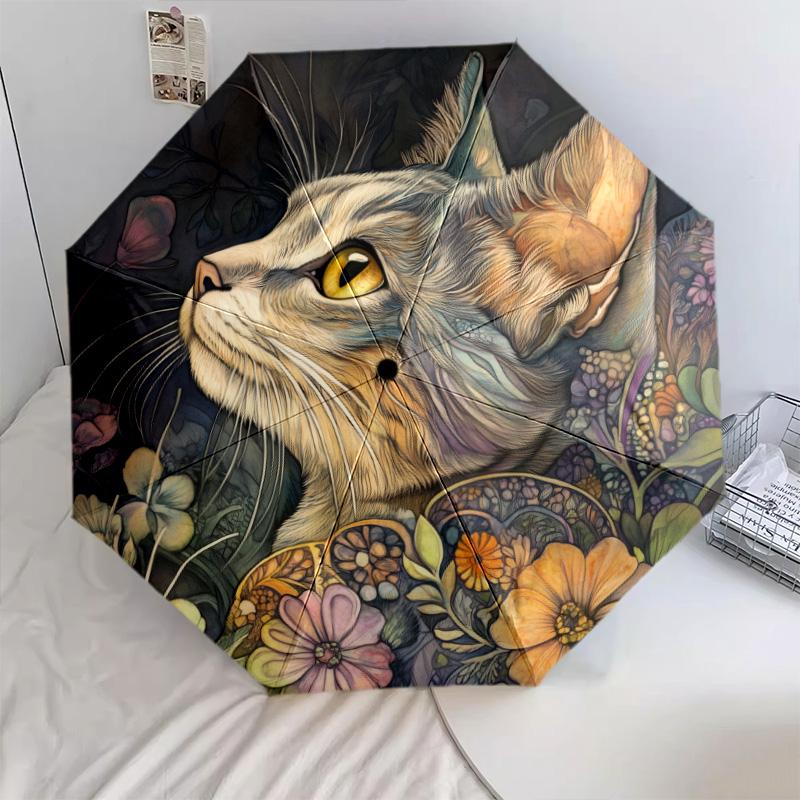 Plant Cat  pattern, automatic folding umbrella, portable and foldable design, 8 ribs, a Christmas or birthday gift.
