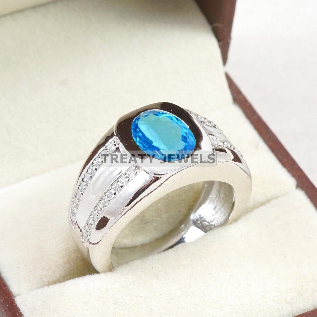 Blue Topaz Oval Cut Gemstone With 925 Sterling Silver Ring For Men's #A900 JL375669063883