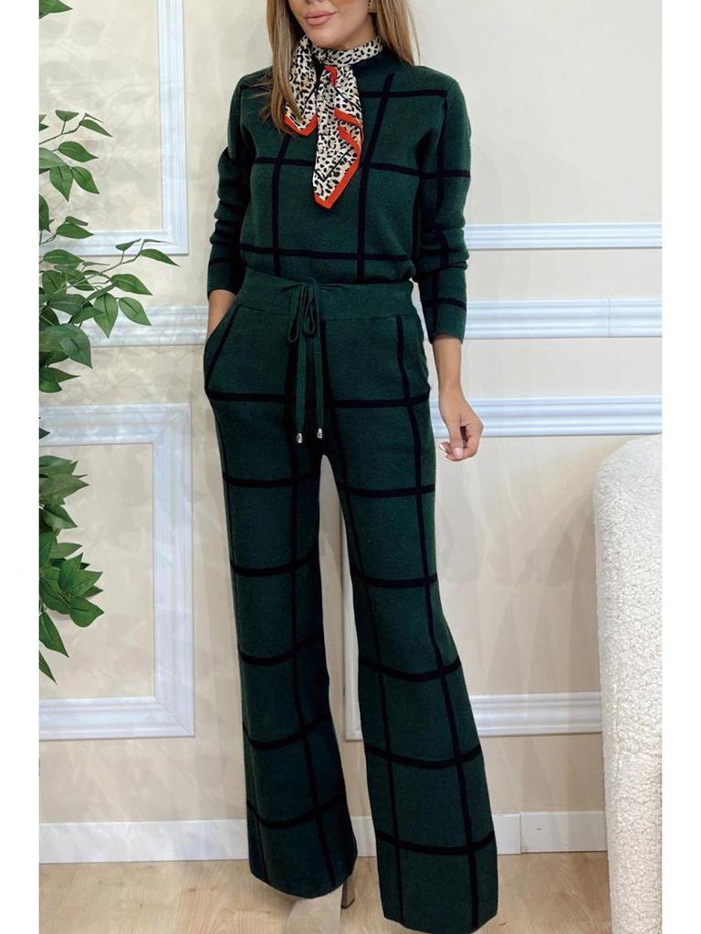 2024 Autumn/Winter Women's Plaid Print High Neck Long Sleeve Top & Solid Color Long Pants Set