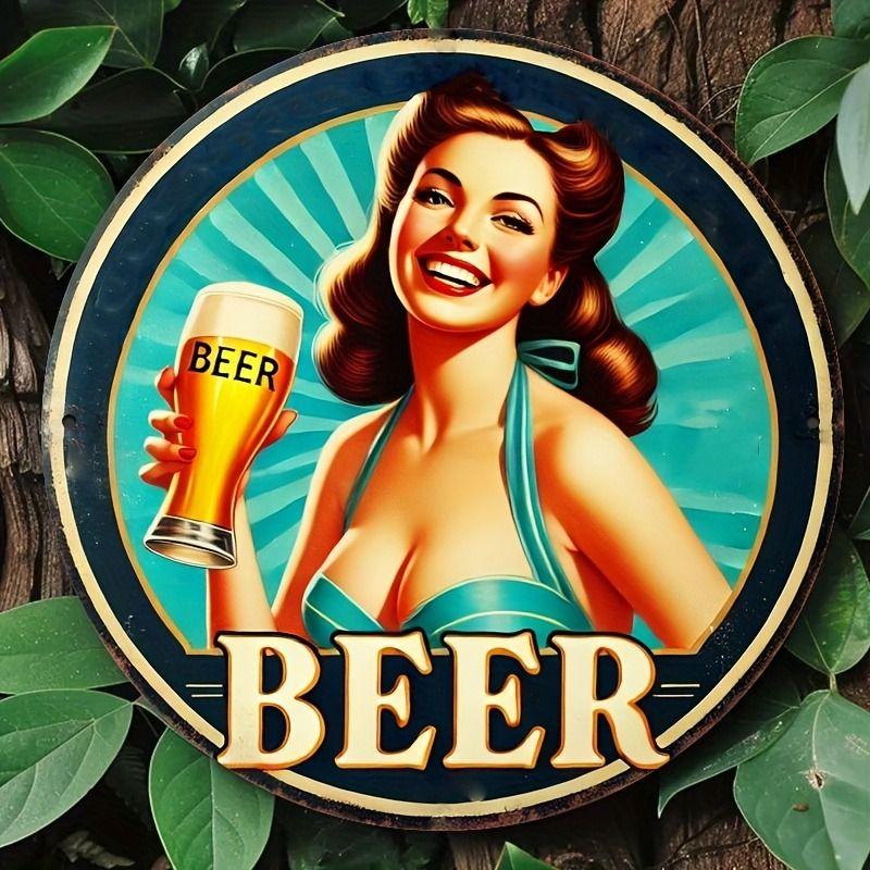 Retro Girl Tin Metal Logo Round Painting for Bar Restaurant