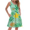 Women's Summer Fashion Casual V-Neck Pleated Stitching Hawaiian Floral Print Sleeveless Pocket Vest Dress