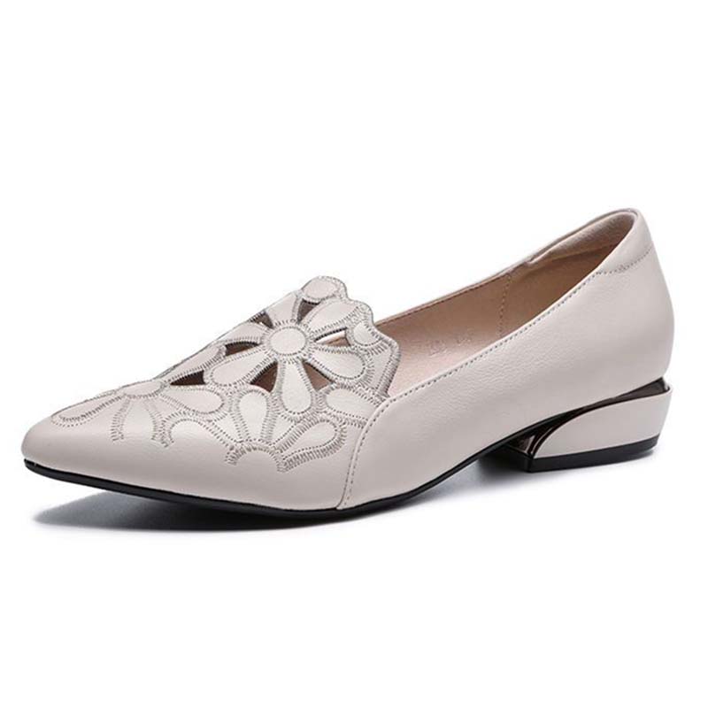 Soft Leather Carved Hollow Women's Leather Shoes Moccasin Work Shoes Cusp Thick Heel Soft Sole Sandals Comfortable Fashion Spring Summer