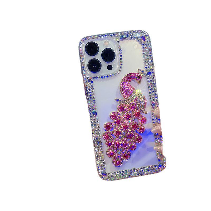 Luxusní pouzdro s pávím motivem a kamínky pro iPhone 13/14 - Nárazuvzdorné, s plným krytím, Ochranný kryt pro ženy.