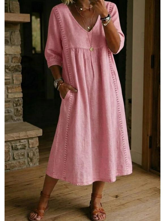 2026 European & American V-Neck Patchwork Lace Trim Linen-Cotton Casual Dress