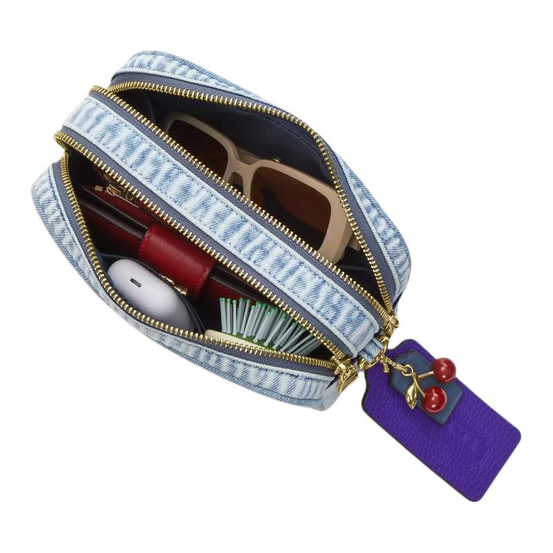 COACH Carey 18 Cherry Charm Contrast Leather Brand Metal Accessories Denim and Smooth Leather Shoulder Bag Small Women's Gold and Light Indigo