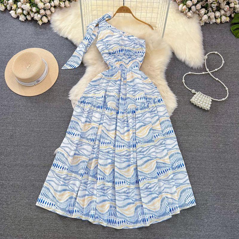 

Доступная роскошь Платье на одно плечо с открытыми плечами А-силуэта с широким подолом Blue S