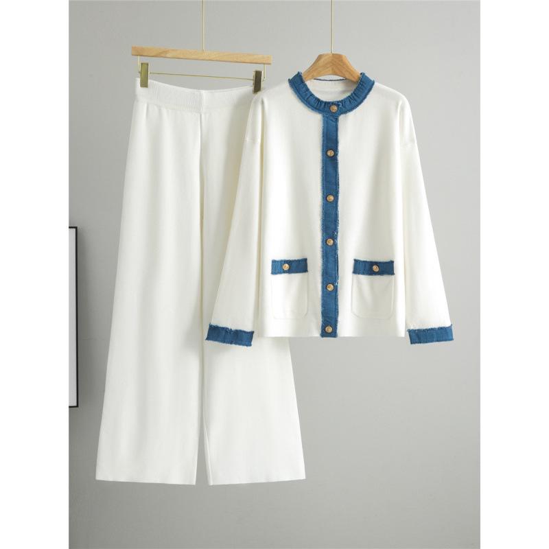 Women's Autumn Winter Knitted Denim Sweater & Wide Leg Pants Set