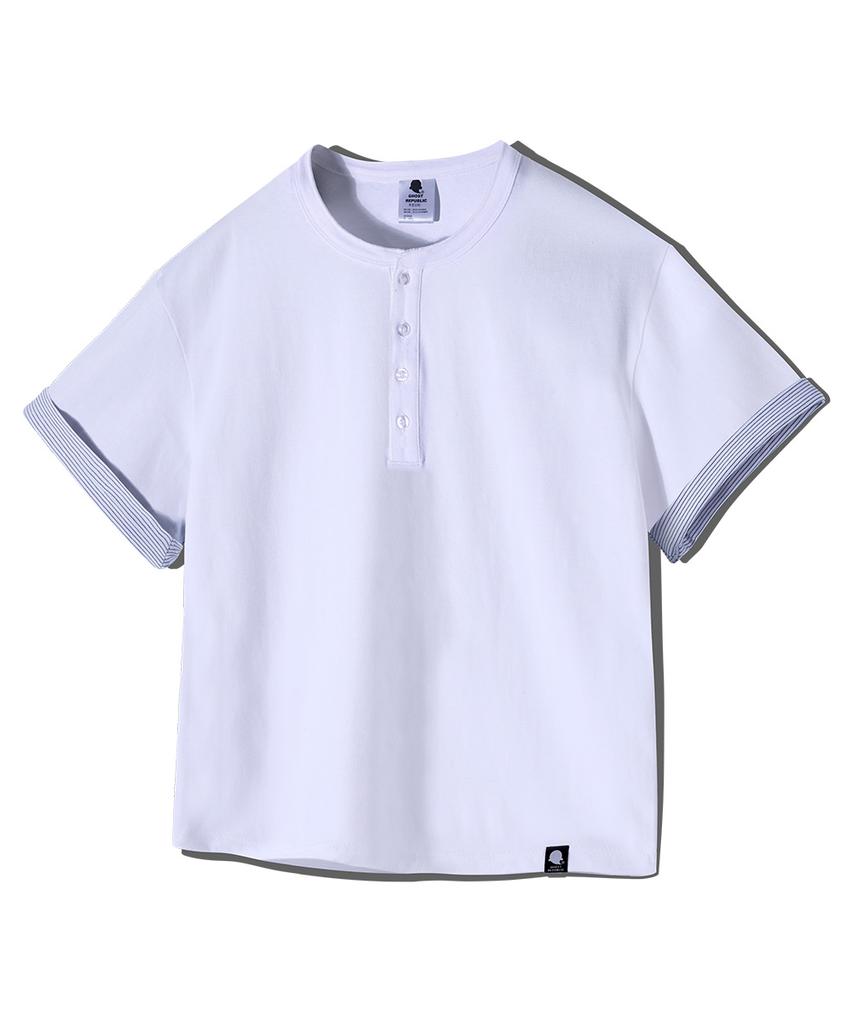 GHOST REPUBLIC Crop Stripe Color Block Roll-Up Henley Neck Short Sleeve T-Shirt Gt-393_White
