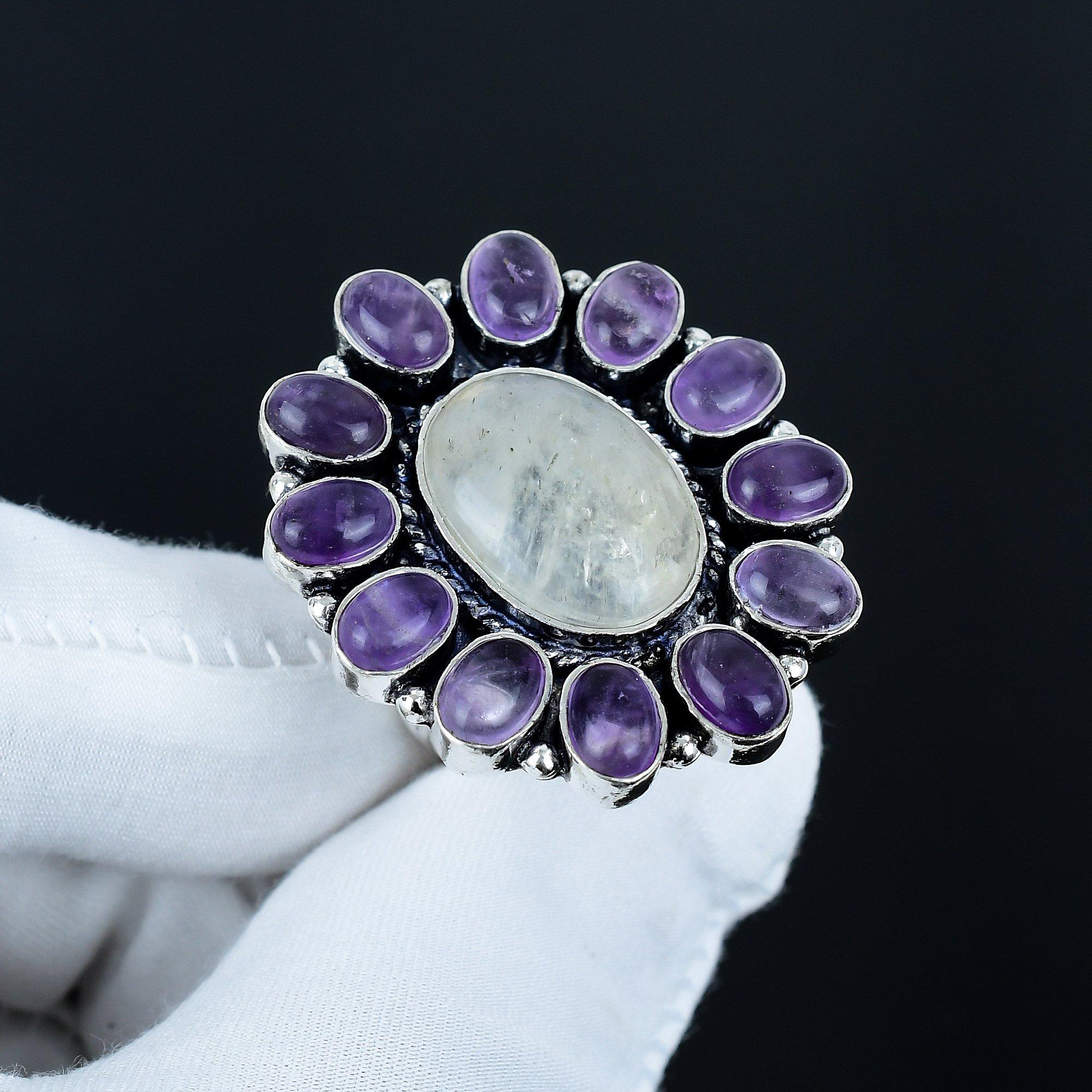 

Кольцо из натурального лунного камня, кольцо с аметистом, кольцо из стерлингового серебра 925 пробы, подарок для нее, овальный камень, элегантное кольцо ручной работы, серебряное кольцо с цветком из лунного камня US 16 белый