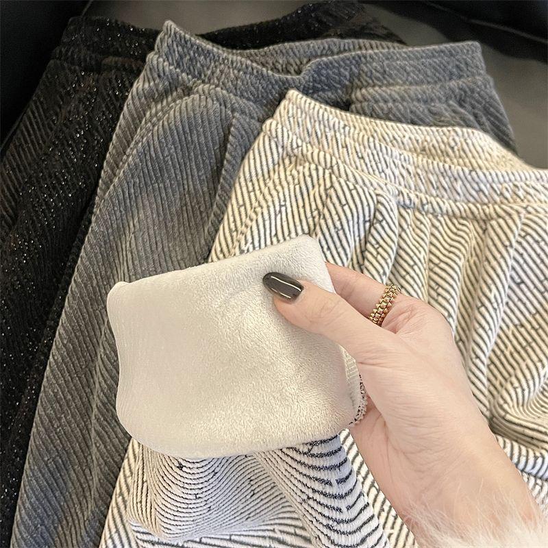 Women's 2024 Autumn/Winter Fleece-Lined Wide-Leg Striped Pants