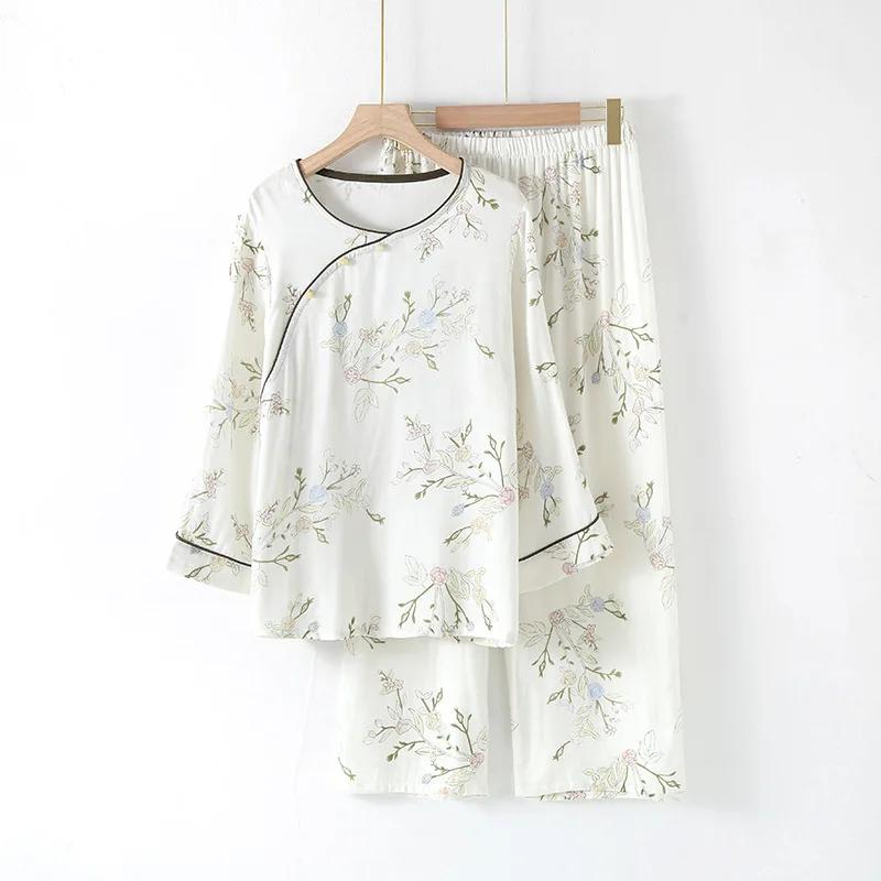 

Пижамный комплект из бамбукового волокна для женщин, весна-лето, милый, с принтом, повседневный, с длинными рукавами, длинные брюки, пижамный комплект XL