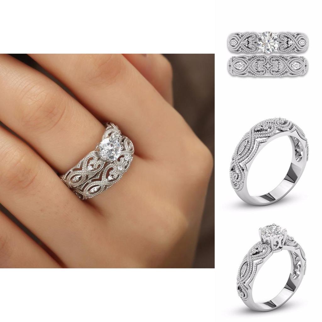 Elegant 2-in-1 Womens White Retro Engagement Wedding Band Heart Rings Set For Brides