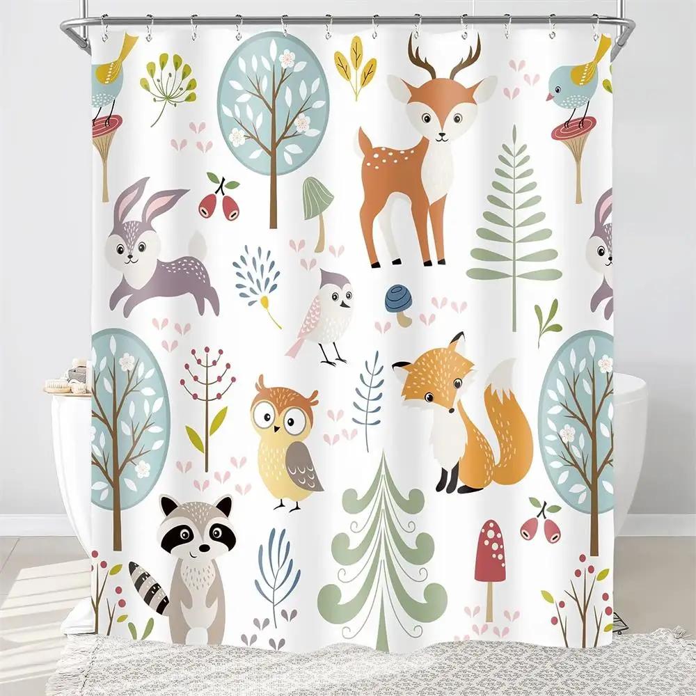 Cartoon Animals Shower Curtains Cute Fox Lion Deer Rabbit Autumn Floral Plant Kids Bath Curtain Polyester Bathroom Bathtub Dec