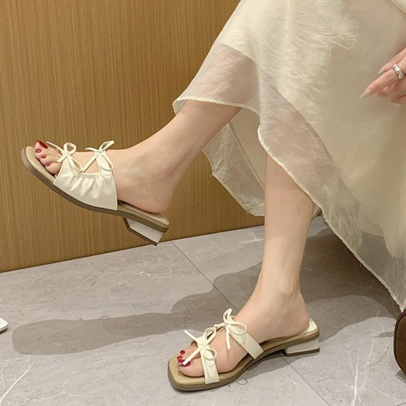 

Fashion Summer Square Toe Slippers New Slip with Bow Elegant Soft Sole Open Toe Non-slip Outer Wear Square Heel Shoes 40 бежевый