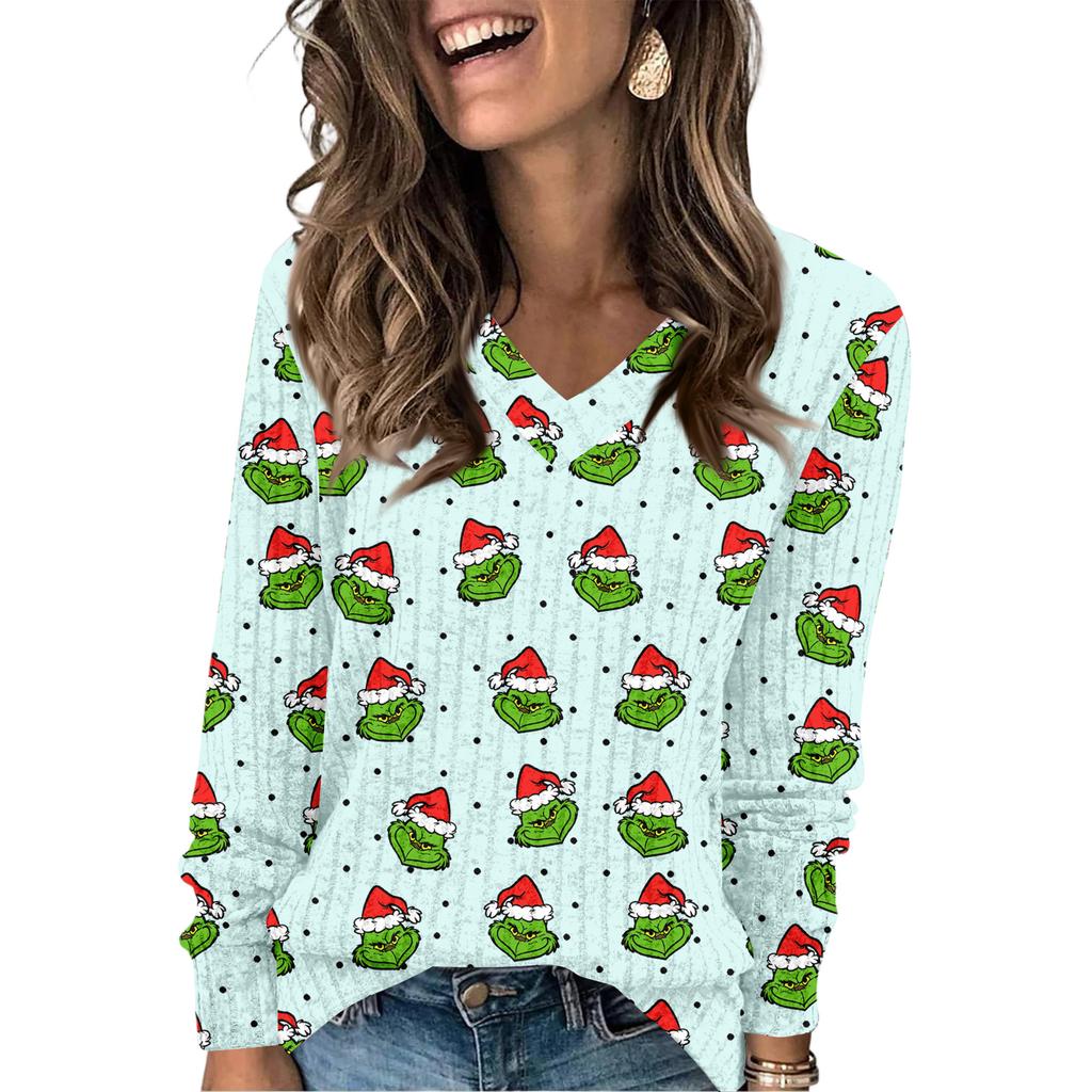 Women's Fashionable Loose-Fit V-Neck Long-Sleeved T-Shirt Christmas Print Pullover