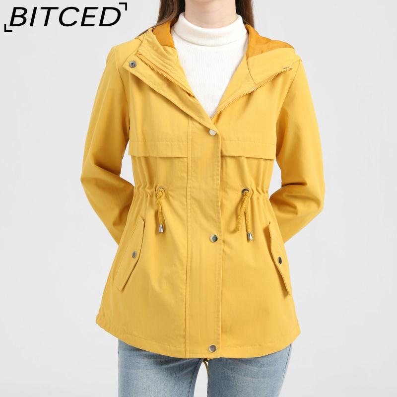 BITCED Lightweight Trench Coat Mid-Length Hooded Jacket Long Sleeves Fitted Waist Outdoor Rainproof Clothing