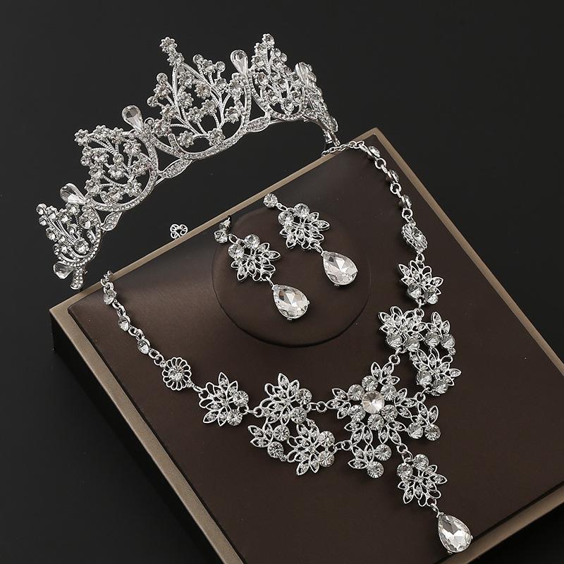 Brautkrone Legierung Strass Stirnband Hochzeit Geburtstag Krone Tiara Halskette Ohrringe Dreiteiliges Set Farbe