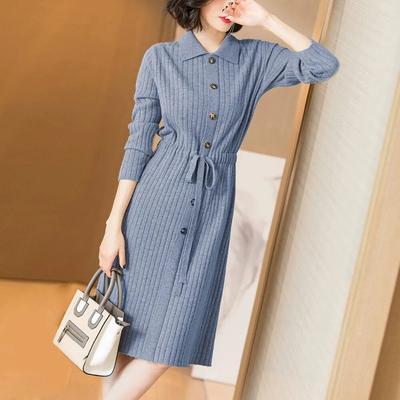 Casual Blue Knitted Dress Women High Waist Long Sleeve Dress Female Autumn Turn-down Collar Button Ladies Dresses