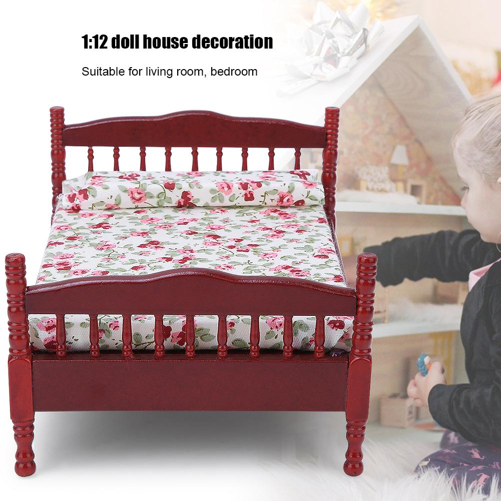 1:12 Mini Puppenhaus Schlafzimmer Bett Modell Zubehör Raum Möbel SpielzeugBraun