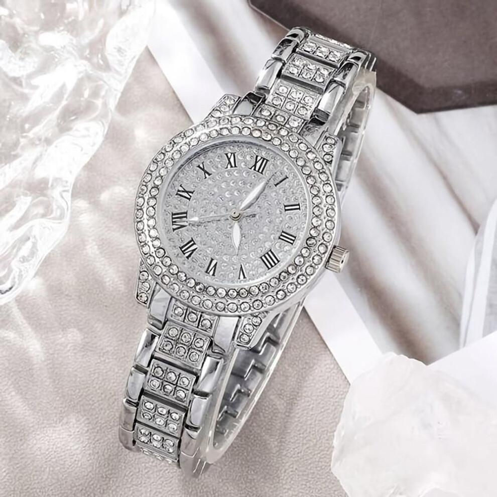 (silver) 6 Pcs/Set Women's Watches, Luxury Rhinestone Quartz Watch, Roman Fashion Analog Watch and Jewelry Set, Gift for Mom and Her