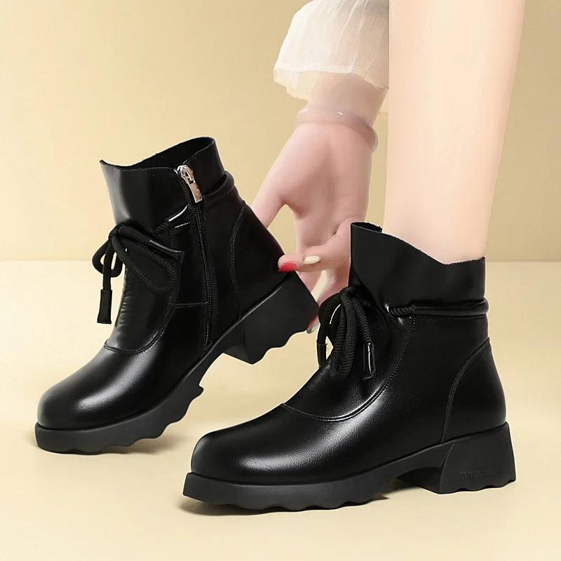 4cm British Style Soft Leather Shoes Women's Snow Boots Platform Winter 2025 Square Heels Warm Fur Ankle Boots for Office Mom